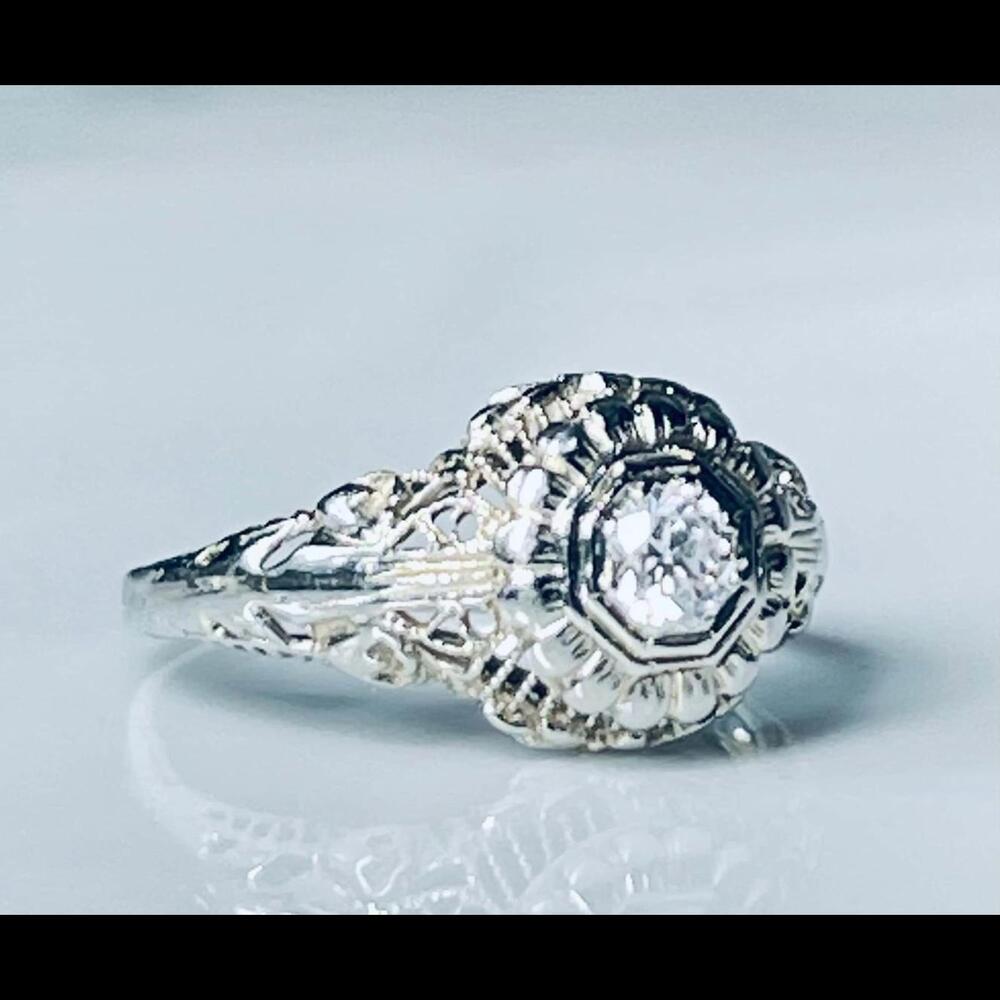 Art Deco Diamond Ring 14K Filigree Diamond 1920s White Gold Engagement Ring